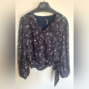 Boho fairy hippie long sleeve floral purple wrap smocked blouse small witchy